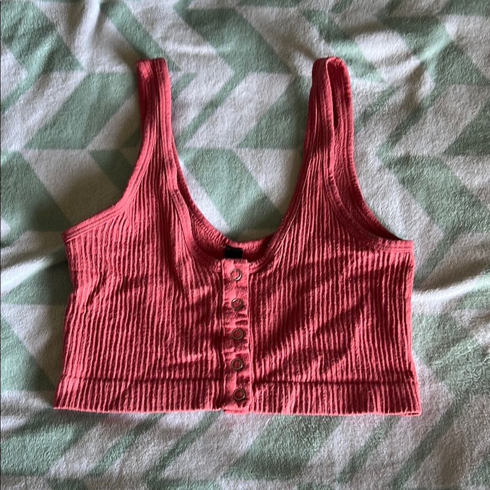 Pink Ribbed Button-Front Crop Top